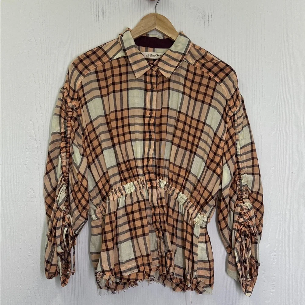Free People - Pacific Dawn Peach And Cream Plaid Cinched Back Blouse Size Small